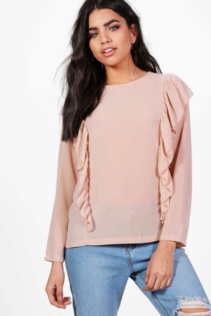 Boohoo Ella Frill Panel Blouse Nude