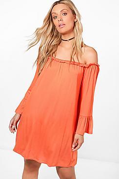 Boohoo Plus Liz Ruffle Flared Sleeve Off The Shoulder Dress