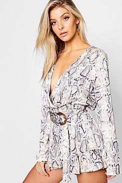 Boohoo Snakeskin Satin Wrap Tortoise Shell Buckle Playsuit