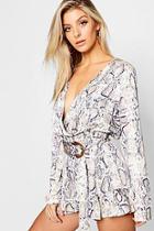 Boohoo Snakeskin Satin Wrap Tortoise Shell Buckle Playsuit