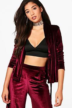 Boohoo Holly Velvet Belted Blazer