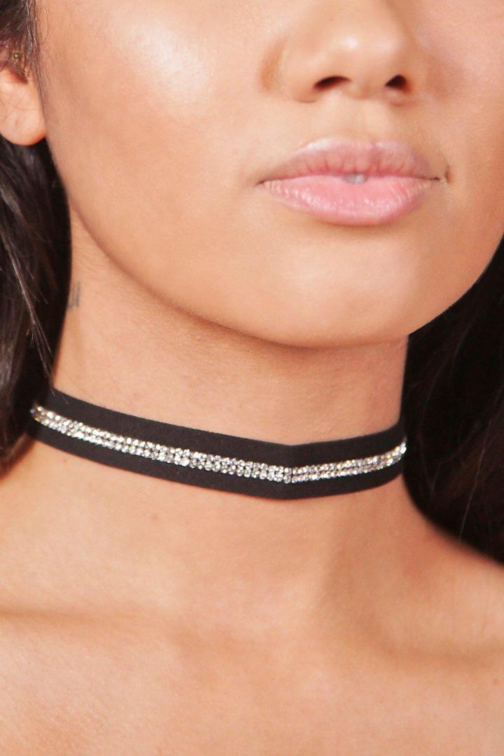 Boohoo Aleena Diamante Suedette Choker Black