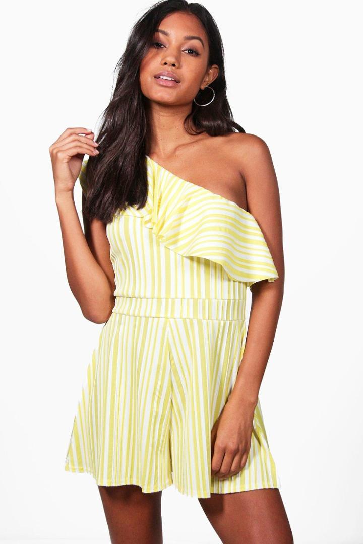 Boohoo Claire Striped One Shoulder Frill Playsuit Yellow