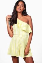 Boohoo Claire Striped One Shoulder Frill Playsuit Yellow