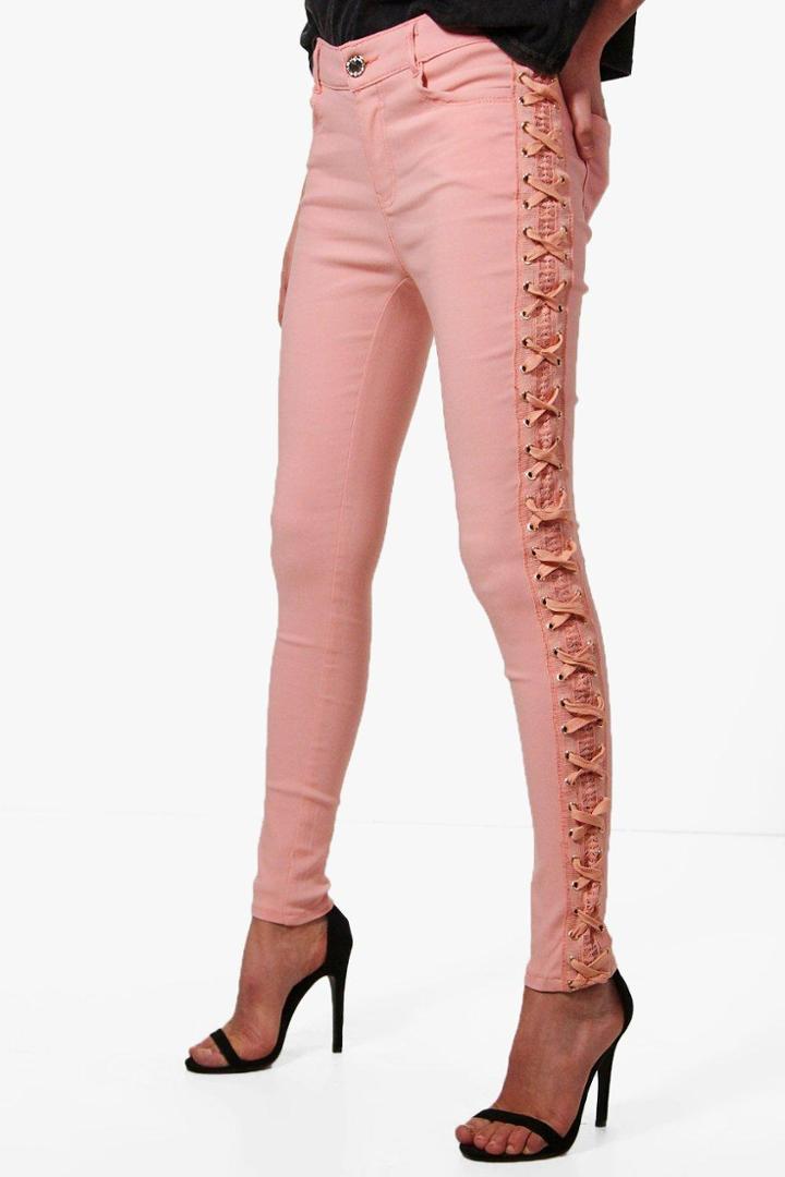 Boohoo Selma Side Lace Up Skinny Jeans Pink