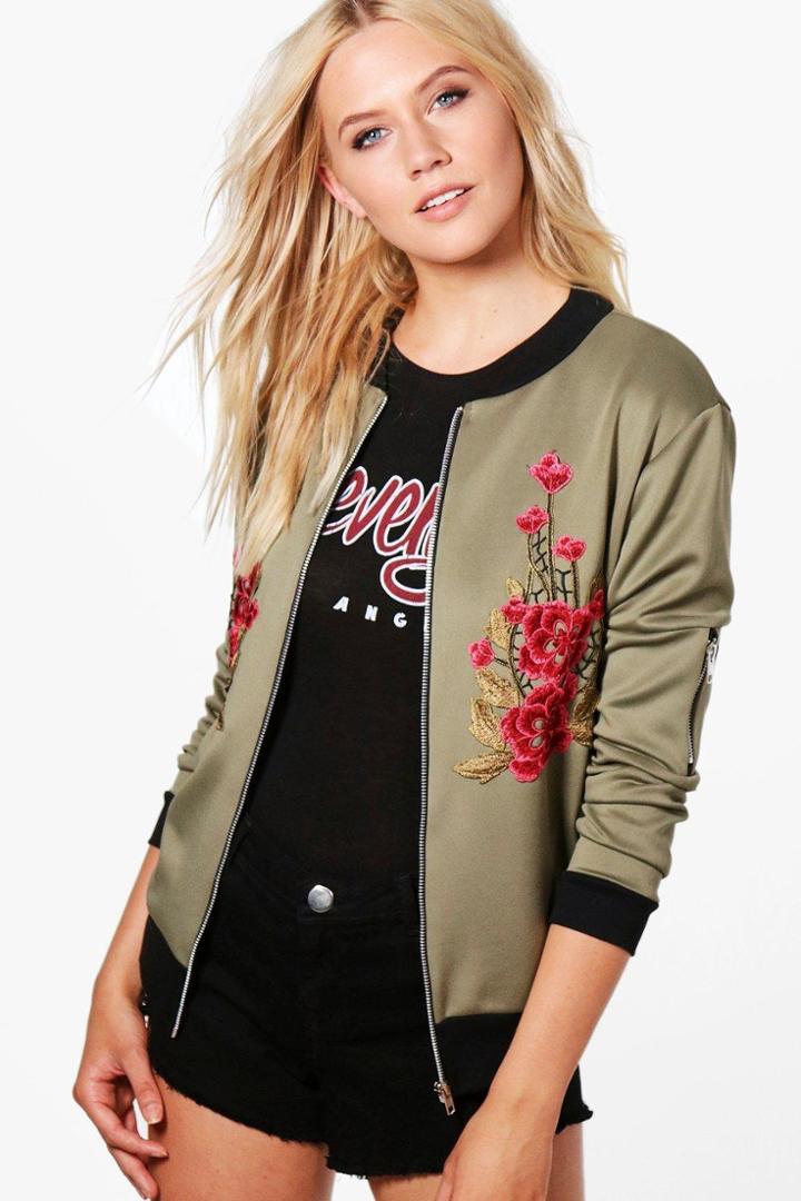 Boohoo Alicia Floral Applique Bomber Khaki