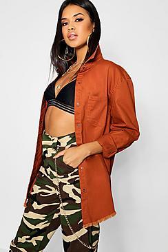 Boohoo Tobacco Raw Hem Denim Shirt