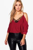 Boohoo Plus Dani Lace Trim V Neck Cold Shoulder Top Wine