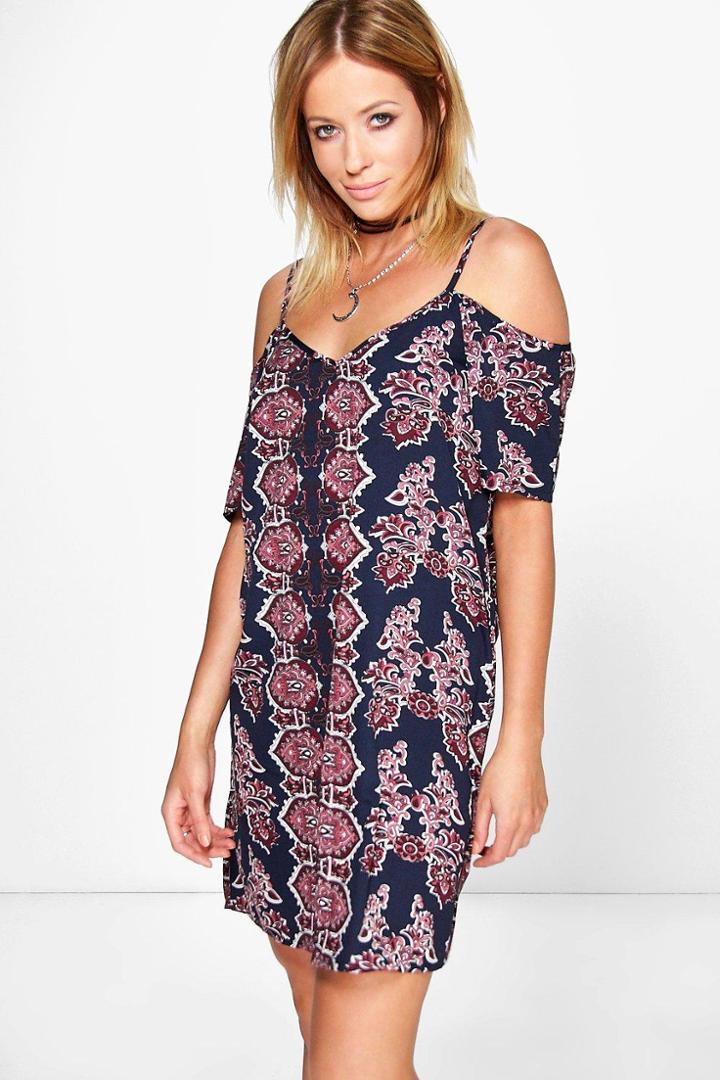 Boohoo Cameron Paisley Open Shoulder Shift Dress Navy