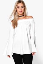 Boohoo Plus Selena Woven Frill Off The Shoulder Top Ivory