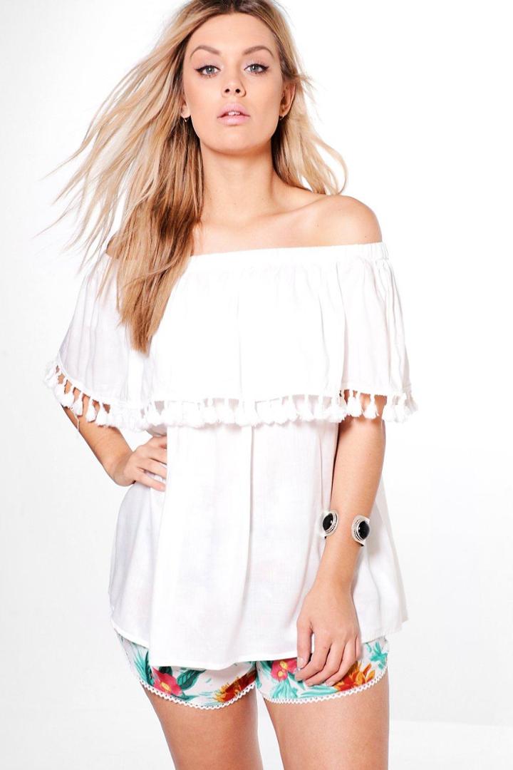 Boohoo Plus Marie Tassle Off The Shoulder Top Ivory