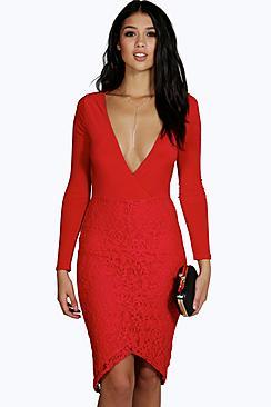 Boohoo Susan Wrap Lace Panel Midi Dress