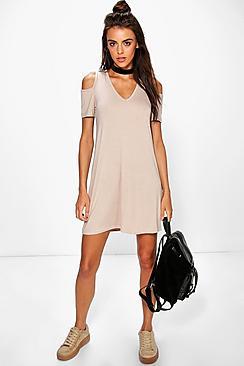 Boohoo Hannah Basic V Neck Cold Shoulder Swing Dress