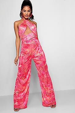 Boohoo Bella Tropical Print Wrap Jumpsuit
