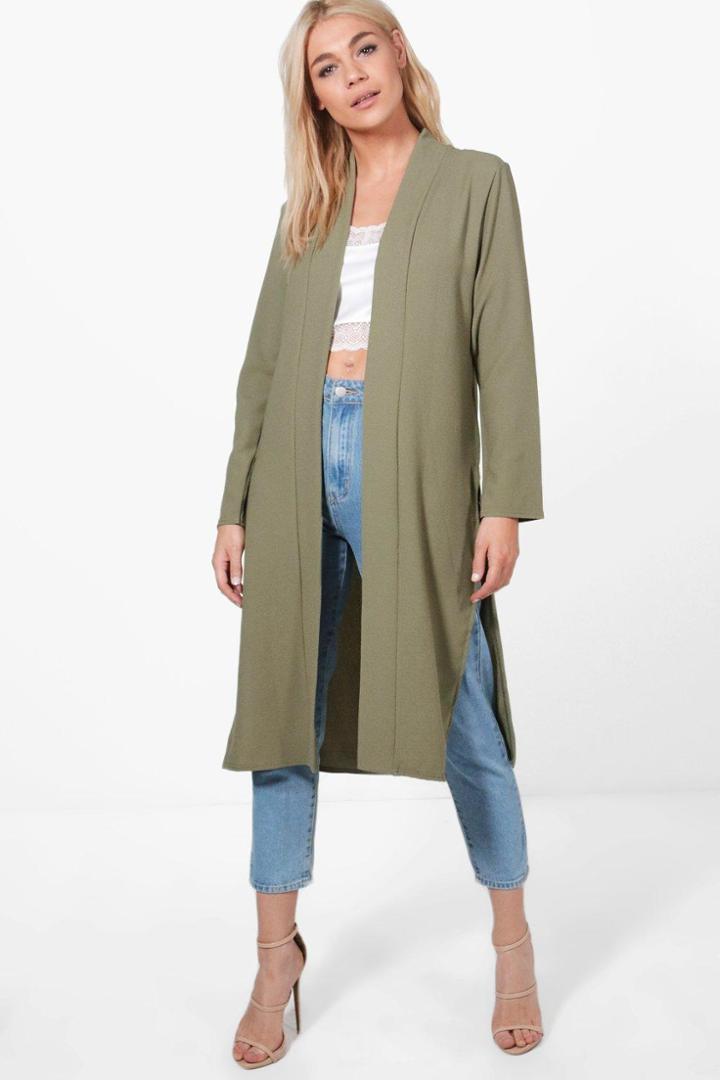 Boohoo Isa Collarless Woven Duster Khaki