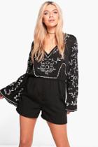Boohoo Emily Embroidered Plunge Neck Playsuit Black
