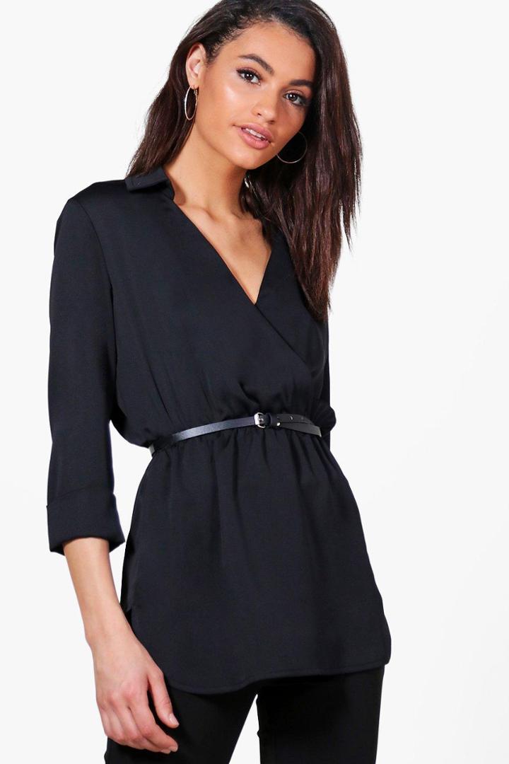 Boohoo Michelle Wrap Over Premium Shirt Black
