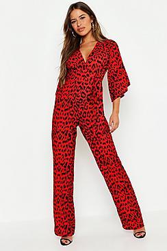 Boohoo Petite Leopard Print Tie Waist Wrap Jumpsuit