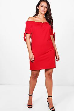 Boohoo Plus Jess Off The Shoulder Tie Sleeve Dress