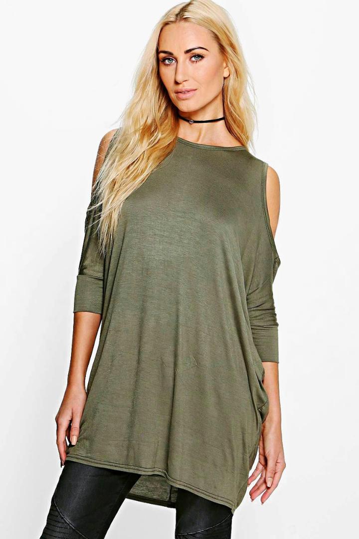 Boohoo Christina Cold Shoulder Batwing T-shirt Khaki