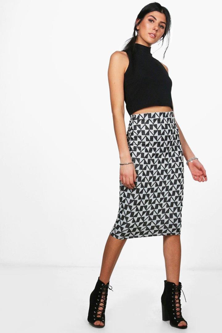 Boohoo Cate Knitted Geo Midi Skirt Grey