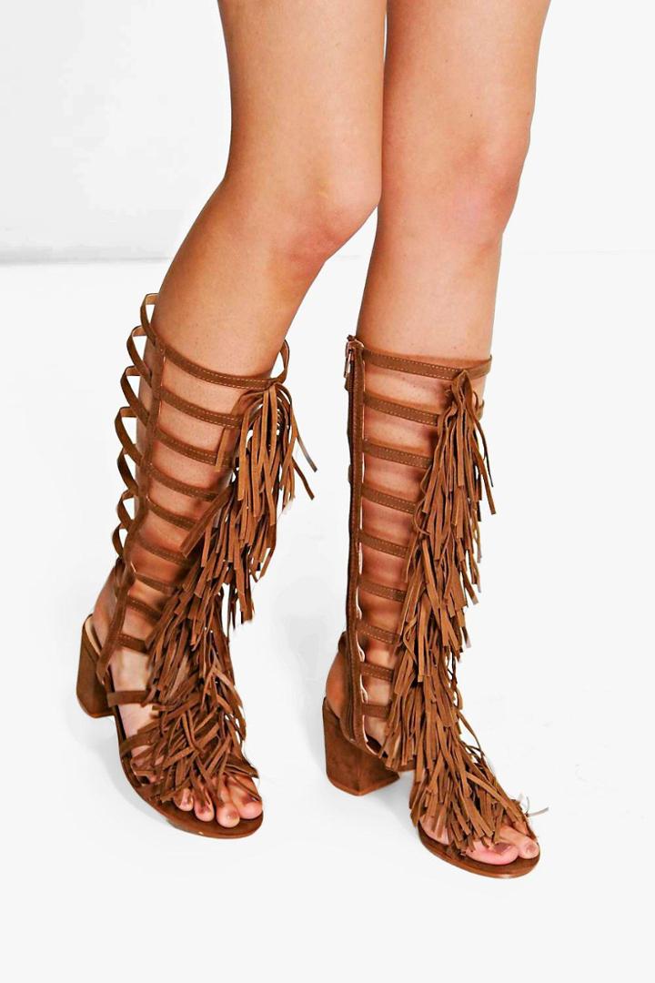 Boohoo Anna Fringe Knee High Block Heel Sandal Tan