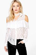 Boohoo Annie Woven Lace Cold Shoulder Frill Shirt