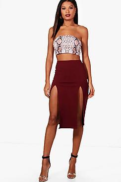 Boohoo Scarlett Double Thigh Split Crepe Midi Skirt