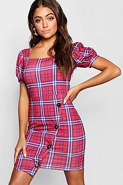 Boohoo Asymmetric Button Detail Tartan Shift Dress