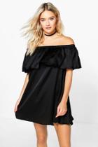 Boohoo Kyra Satin Frill Off Shoulder Shift Dress Black