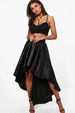 Boohoo Annia Satin Dipped Hem Full Maxi Skirt
