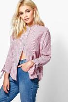Boohoo Cara Tie Sleeve Striped Collarless Shirt Red