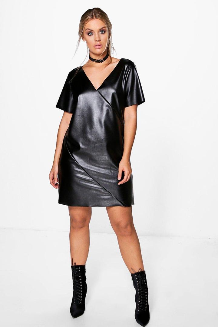 Boohoo Plus Khloe Faux Leather V Neck Shift Dress Black