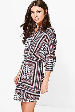 Boohoo Amy Paisley Border Print Tie Front Shirt Dress