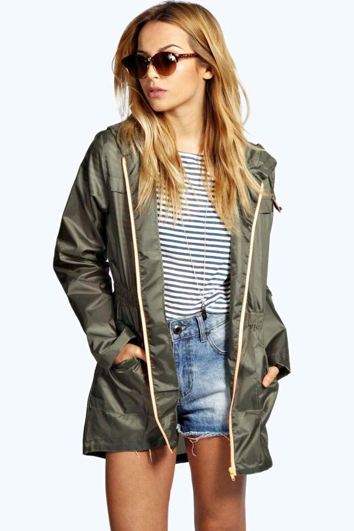 Boohoo Petra Neon Zip Mac Khaki