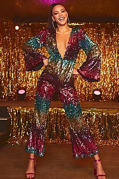 Boohoo Rainbow Zig Zag Sequin Stripe Jumpsuit