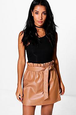 Boohoo Tamison Paperbag Waist Leather Look Skirt
