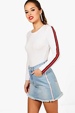 Boohoo Petite Sophie Sport Tape Frayed Hem Denim Skirt