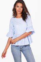 Boohoo Tall Eliza Stripe Frill Sleeve Blouse Blue