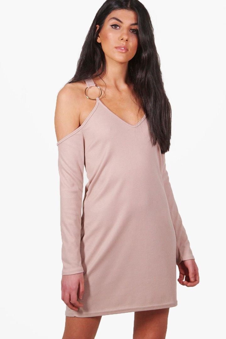 Boohoo Niamh Rib O-ring Cold Shoulder Shift Dress Sand