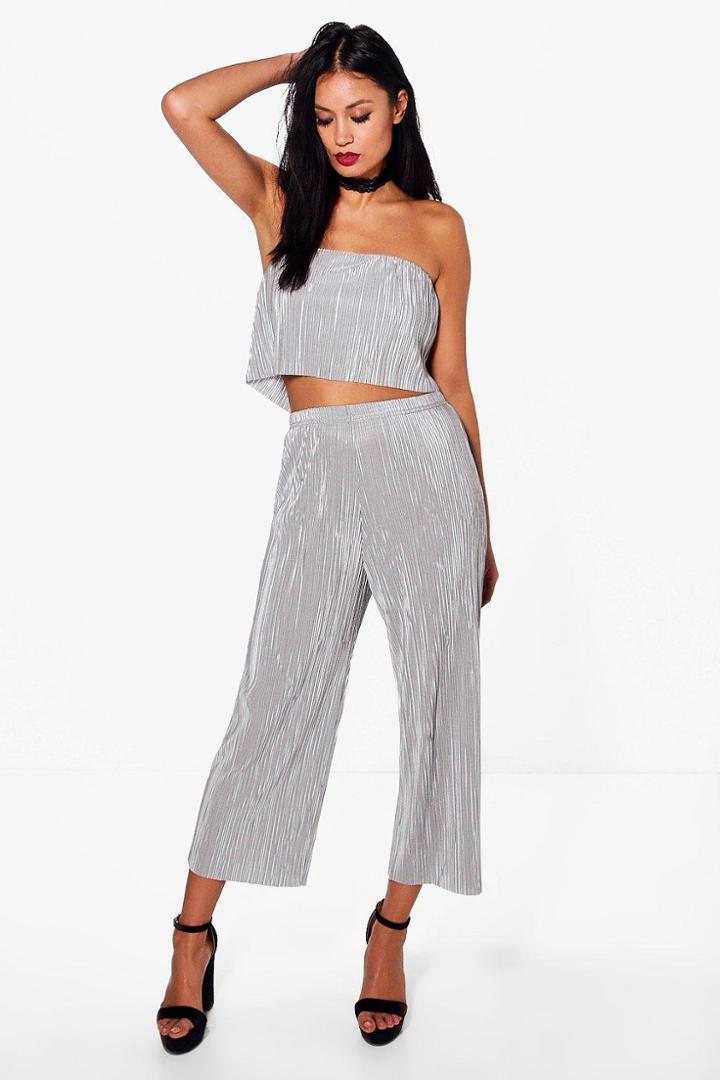 Boohoo Antonia Pleated Bandeau And Culotte Co-ord Silver