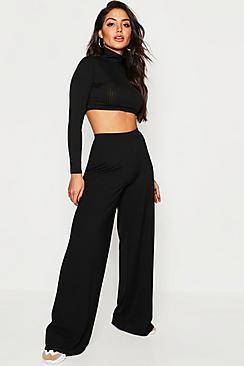 Boohoo Jumbo Rib High Waist Wide Leg Pants