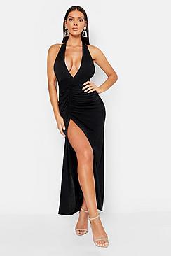 Boohoo Plunge Rouche Front Split Front Maxi Dress