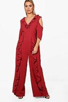 Boohoo Plus Jenny Ruffle V Neck Wide Leg Jumpsuit