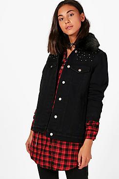 Boohoo Renee Padded Faux Fur Collar Denim Jacket