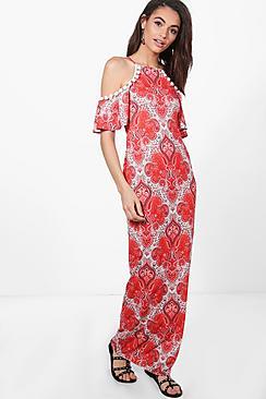 Boohoo Tanya Cold Shoulder Pom Pom Paisley Maxi Dress