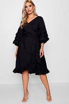 Boohoo Plus Elle Ruched Sleeve Ruffle Wrap Midi Dress