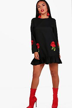 Boohoo Petite Charlotte Drop Hem Embroidered Shift Dress