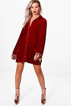 Boohoo Ashley Velvet Tassel Trim Shirt Dress