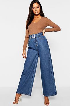 Boohoo Belted High Waisted Wide Leg Jeans
